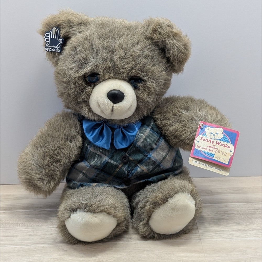 Vintage Daddy Teddy Winks 1987 Applause Stuffed Teddy Bear Open Shut Eyes